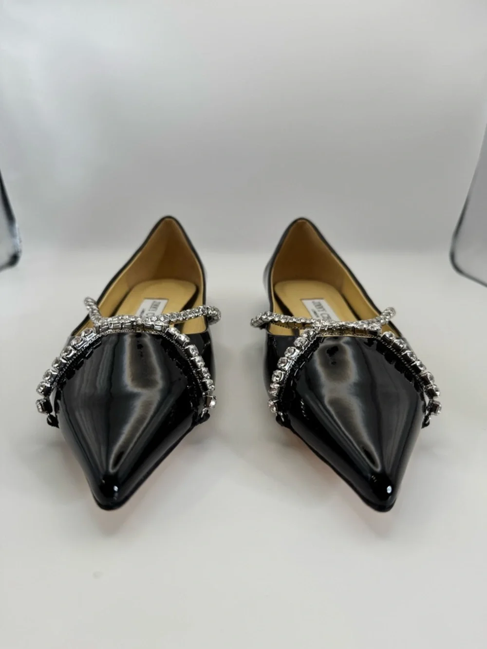 Jimmy Choo Crystal Strap Pointed Toe Flats Black Patent Leather Size 8 New - Picture 3 of 10